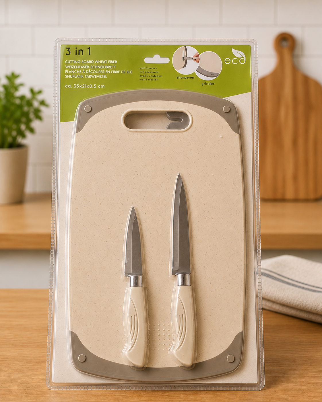 KITCHEN SET - CHOPPING BOARD+2 KNIVES IN PASTEL GREEN/PINK/BEIGE COLOUR - ABOVE 18 YEARS