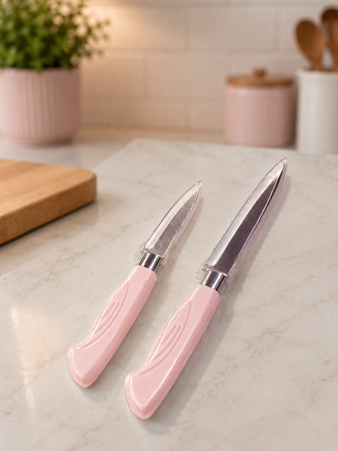 KITCHEN SET - CHOPPING BOARD+2 KNIVES IN PASTEL GREEN/PINK/BEIGE COLOUR - ABOVE 18 YEARS