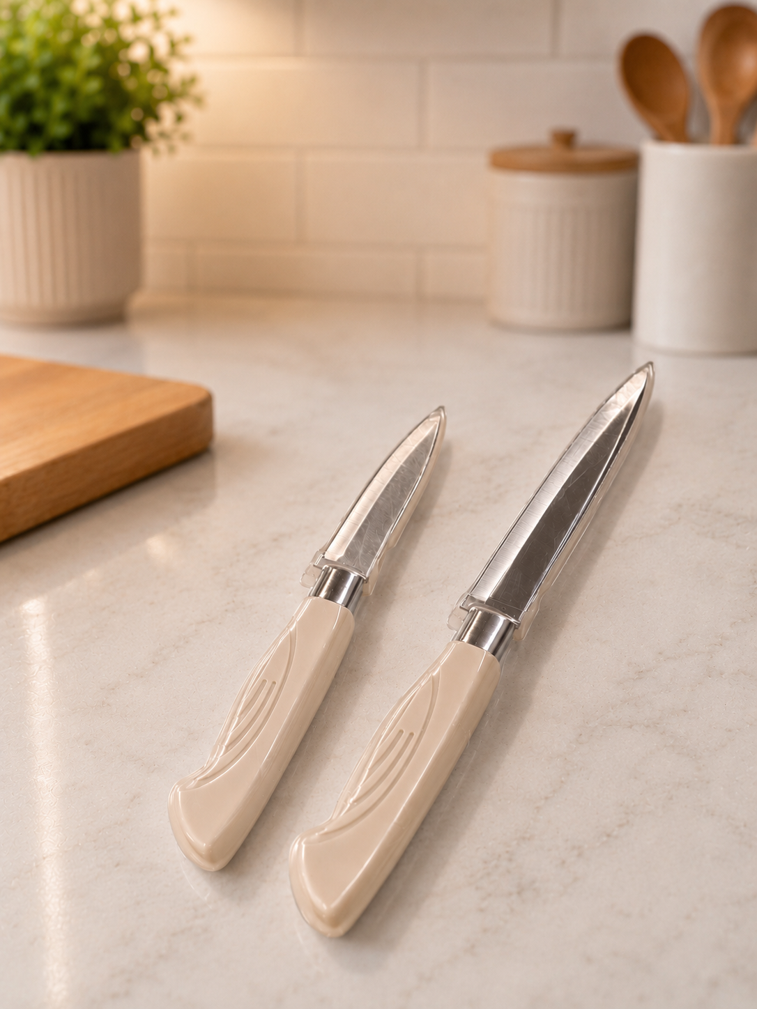 KITCHEN SET - CHOPPING BOARD+2 KNIVES IN PASTEL GREEN/PINK/BEIGE COLOUR - ABOVE 18 YEARS