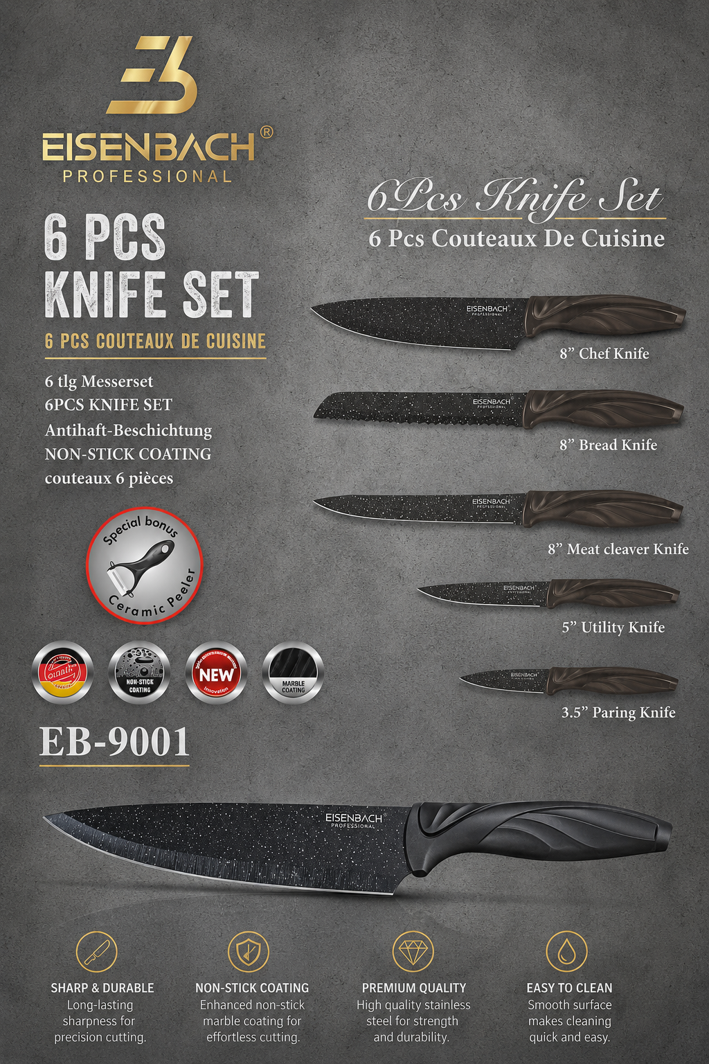 6 PIECES KNIFE SET + CERAMIC PEELER FOR ABOVE 18 YEARS by EISENBACH
