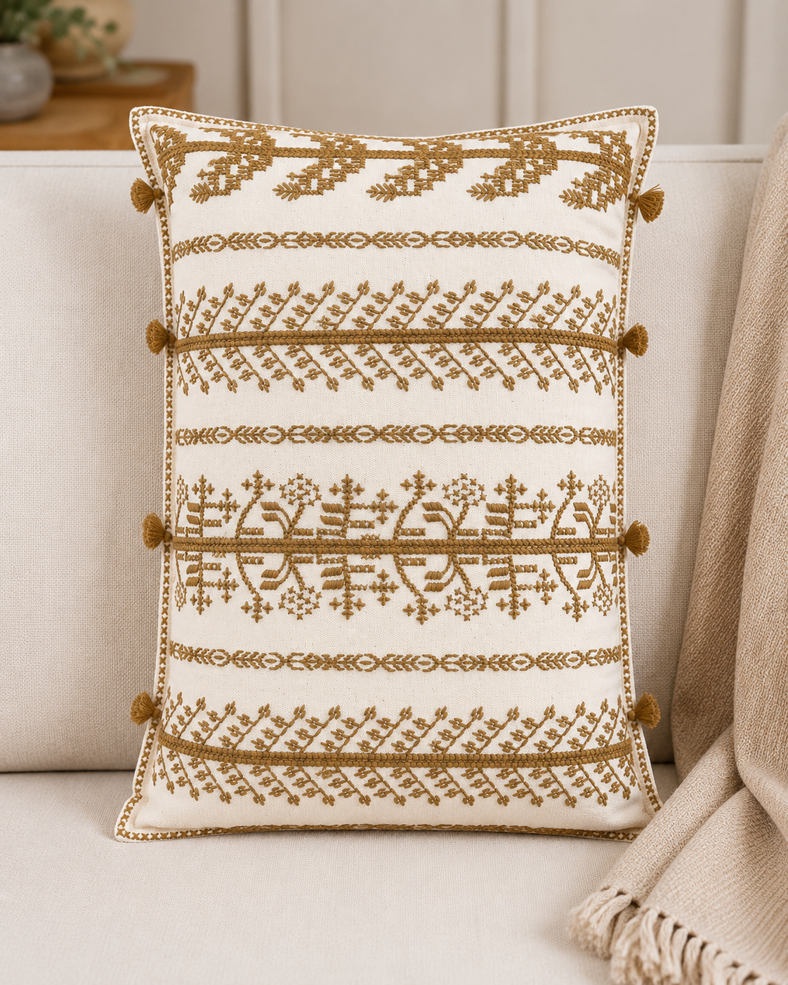 High Street Embroidered Tassel Cushion – Decorative Boho Style Textured Accent Cushion