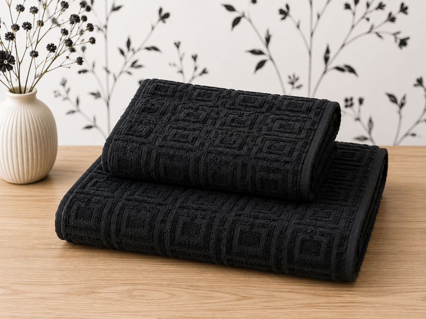HIGH ST BRAND - BATH TOWEL+BATH MAT - SET OF 2 PIECES/PACK - BLACK MONOCHROME EDITION