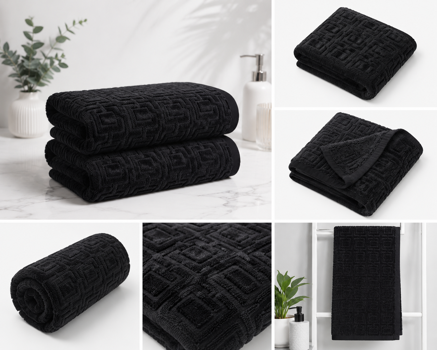 HIGH ST BRAND - BATH TOWEL+BATH MAT - SET OF 2 PIECES/PACK - BLACK MONOCHROME EDITION
