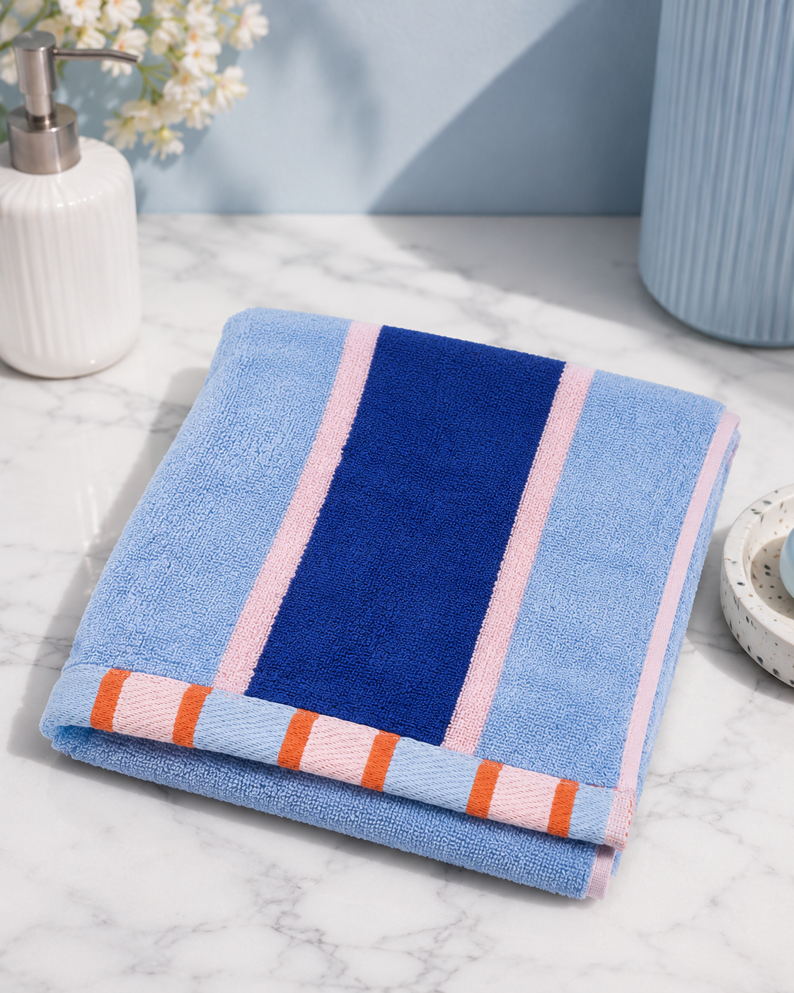 HIGH ST BRAND - BLUE & ORANGE STRIPES HAND TOWEL -50x90CM