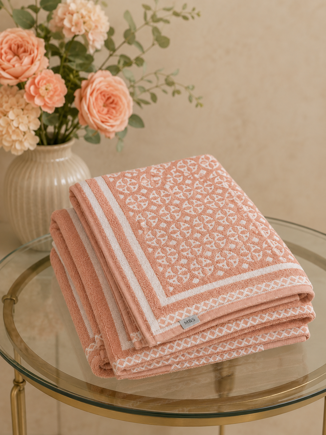 HIGH ST BRAND -2 PIECES SET - BATH SHEET & BATH TOWEL,PEACH & WHITE - SIZES(100*150)&(100*137)