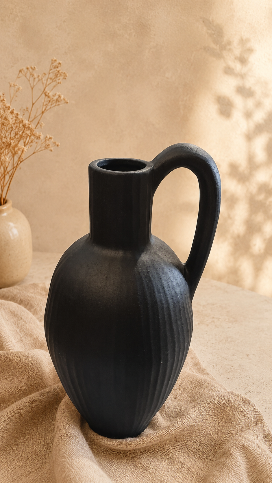 BLACK MATTE CERAMIC VASE WITH HANDLE - MODERN,DECORATIVE & CLASSY EDITION