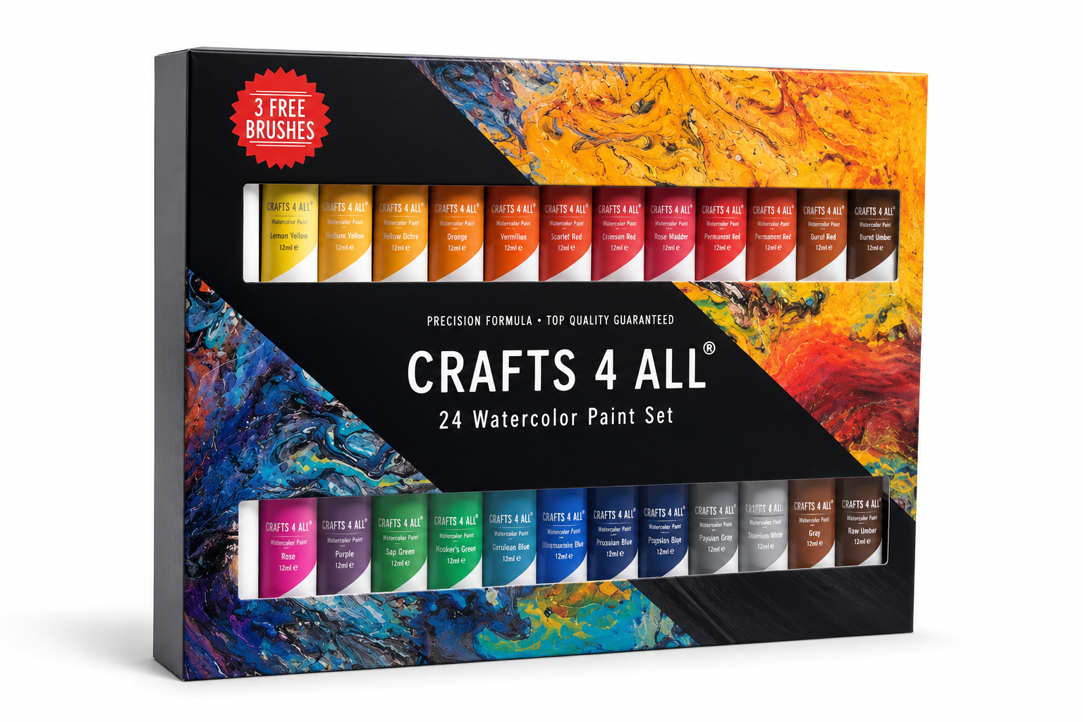 24 WATERCOLOR PAINT SET+3 FREE BRUSHES - PREMIUM & PIGMENTED- CRAFTS 4 ALL
