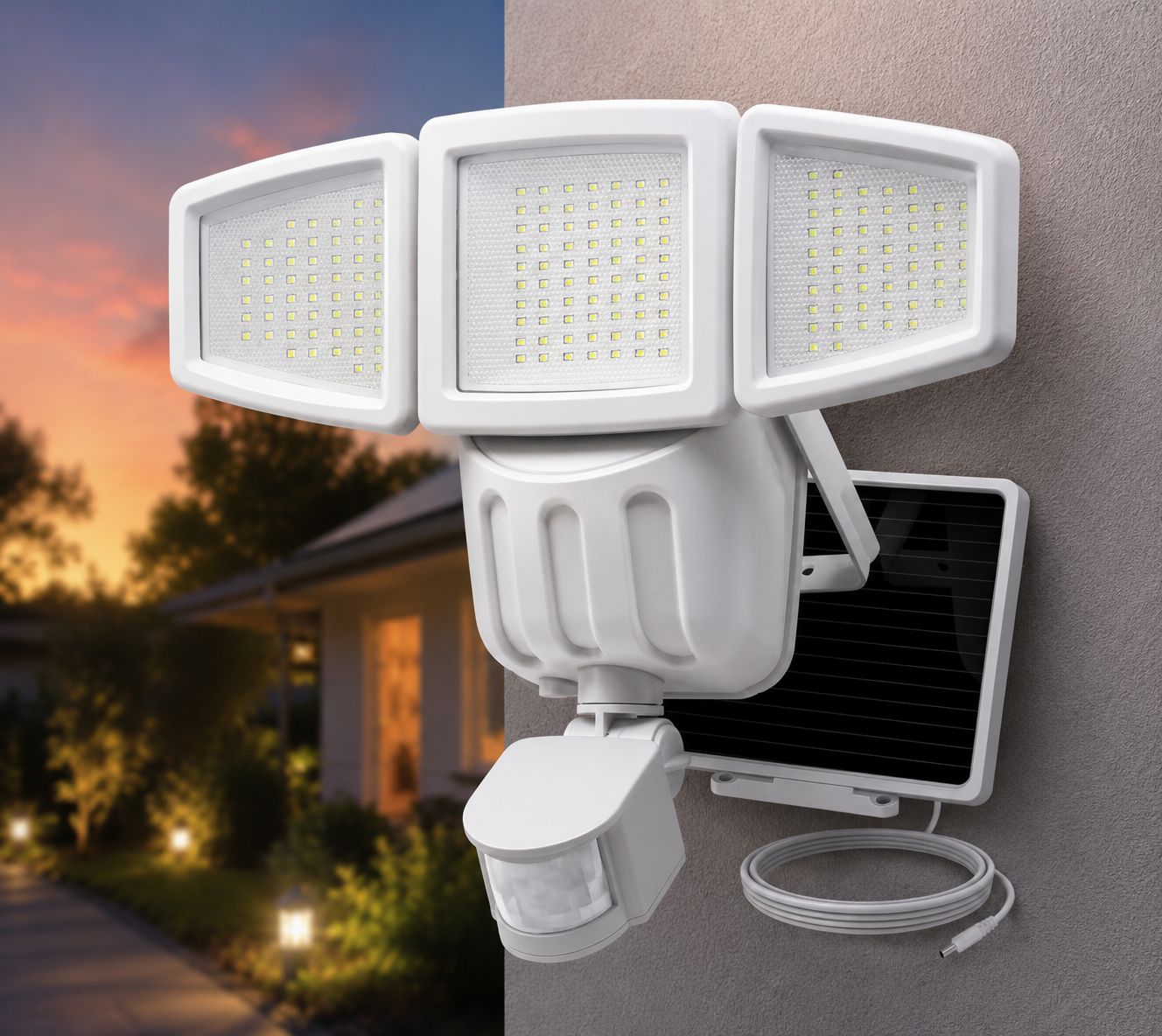 THREE HEAD SOLAR POWERED CORDLESS LIGHT - 182 LED - BLACK/WHITE