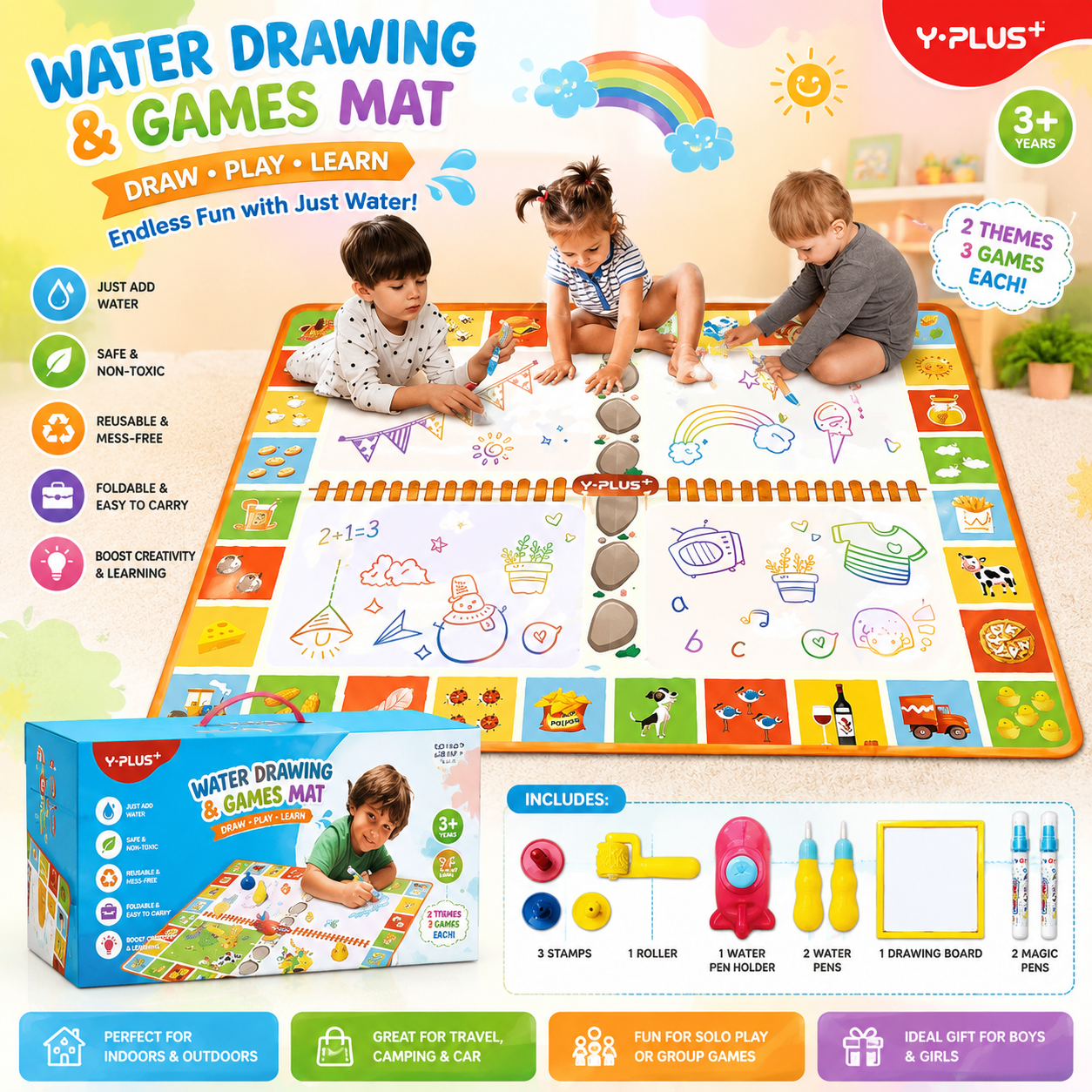 WATER DOODLE & GAMES MAT-12 PIECE SET (1 stamp roller brush+3pattern stamps+1water spray toy+4 brushes)