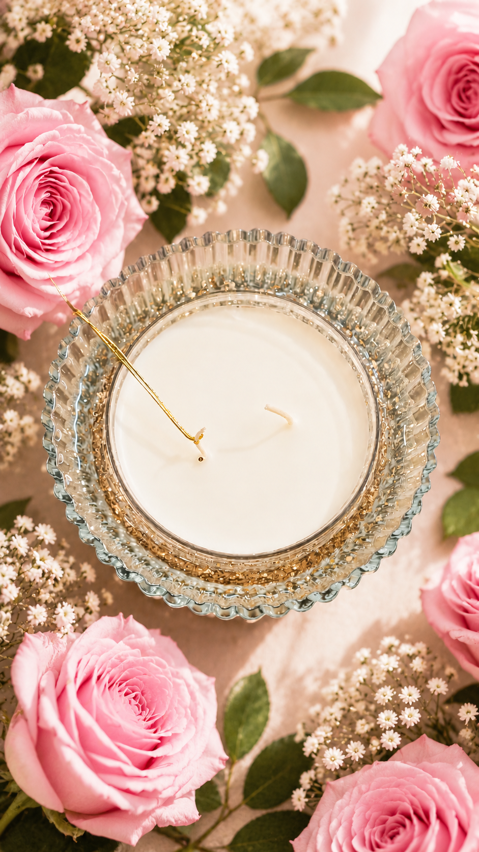 GOLD SPARKLING CANDLE - RIBBED GLASS JAR - SOFT+FLORAL NOTES