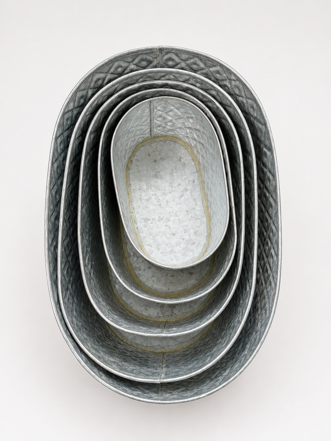 Set of 5 Galvanised Metal Planters – Rustic Oval Flower & Plant Pots