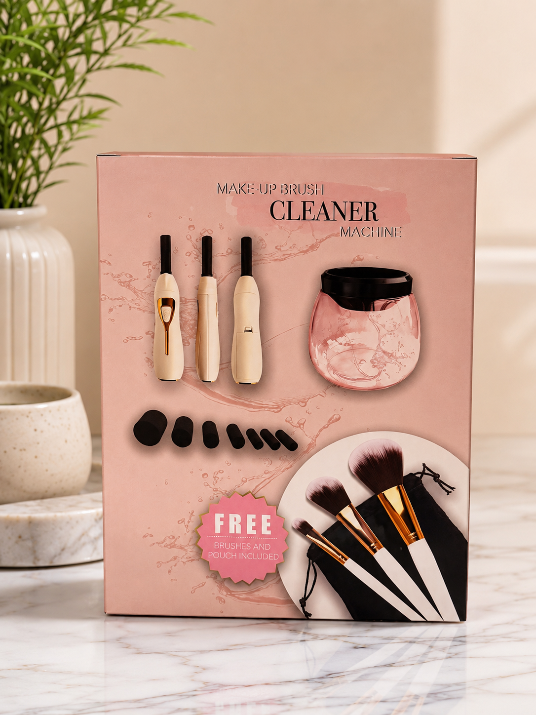 Electric Makeup Brush Cleaner Machine Set with Free Brushes & Pouch – Automatic Cosmetic Brush Cleaning Kit