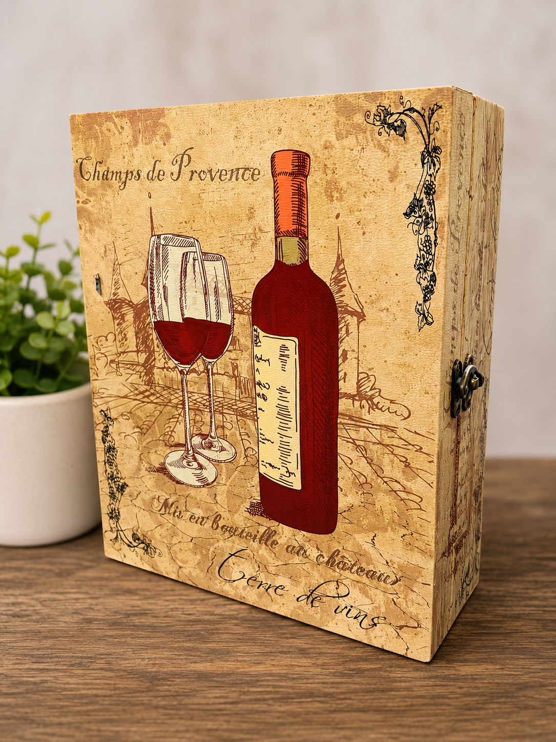Vintage Wooden Wine Storage Box – Decorative Rustic Storage Chest with Lid
