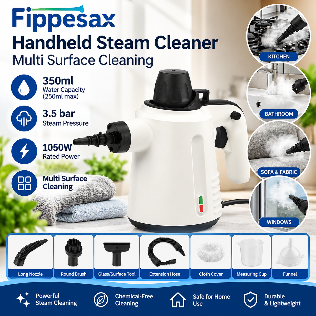 Fippesax Handheld Steam Cleaner – 1050W Multi-Surface Steam Cleaning Machine, 350ml Capacity, 3.5 Bar Pressure