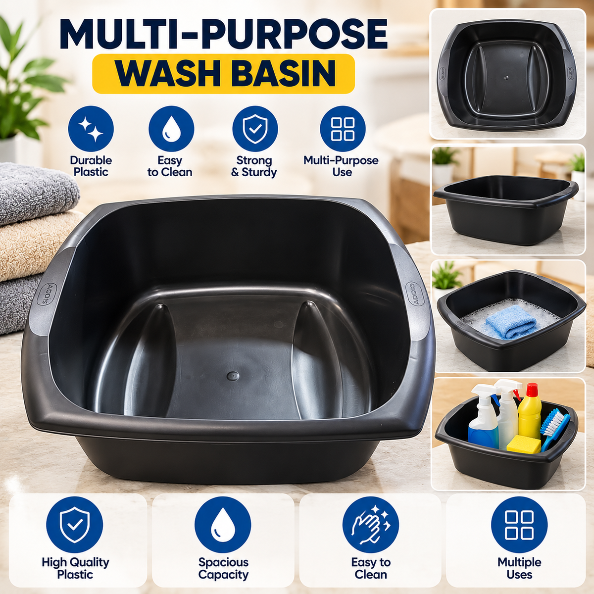 Addis Multi-Purpose Wash Basin – Large Black/Charcoal Plastic Laundry & Utility Basin