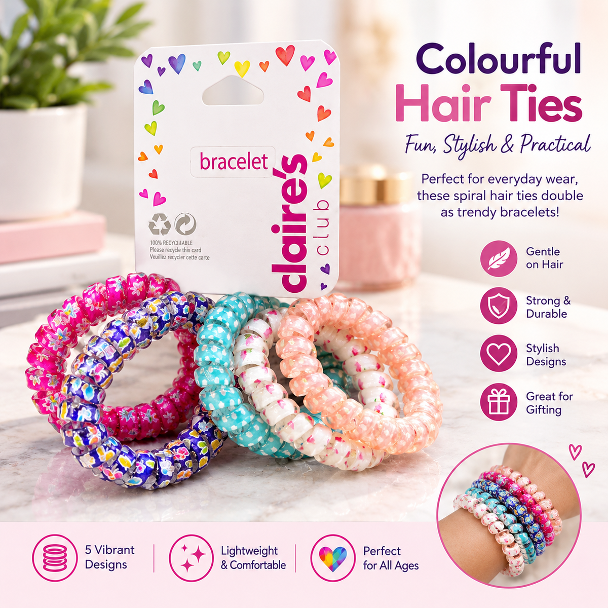 Claire’s Club Colourful Spiral Hair Ties & Bracelet Set