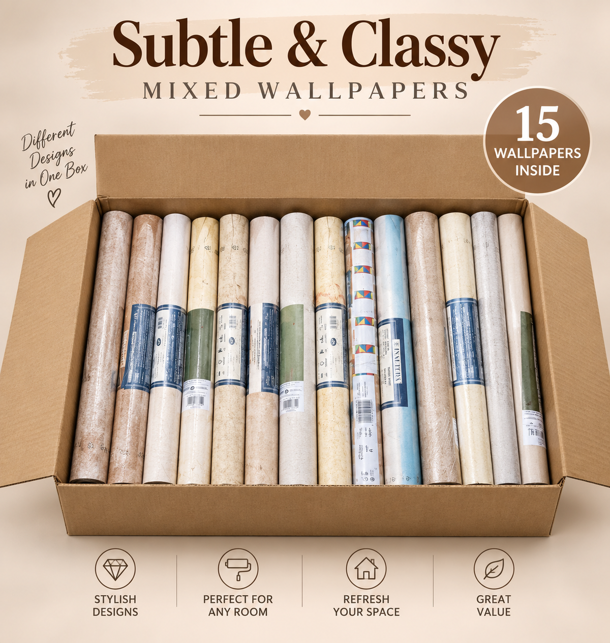 WALLPAPERS FOR DECORATING THE WALLS - AESTHETIC, CLASSIC & SUBTLE SHADES - MIXED COLORS - 15 PIECES/BOX