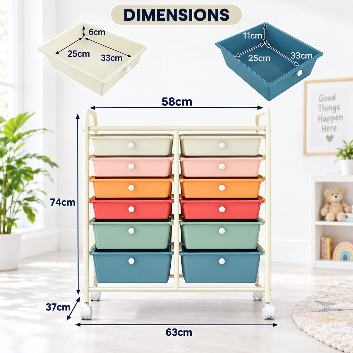 12 DRAWER WHEELED STORAGE CART - COLORFUL STORAGE BOXES FOR OFFICE/HOME USE - 8 MEDIUM & 4 LARGE BOXES (model no:831285)
