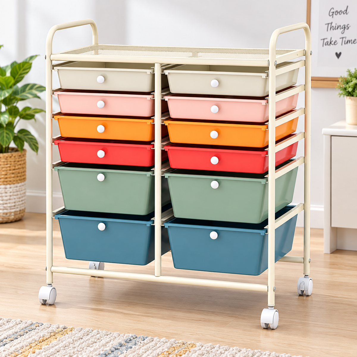 12 DRAWER WHEELED STORAGE CART - COLORFUL STORAGE BOXES FOR OFFICE/HOME USE - 8 MEDIUM & 4 LARGE BOXES (model no:831285)