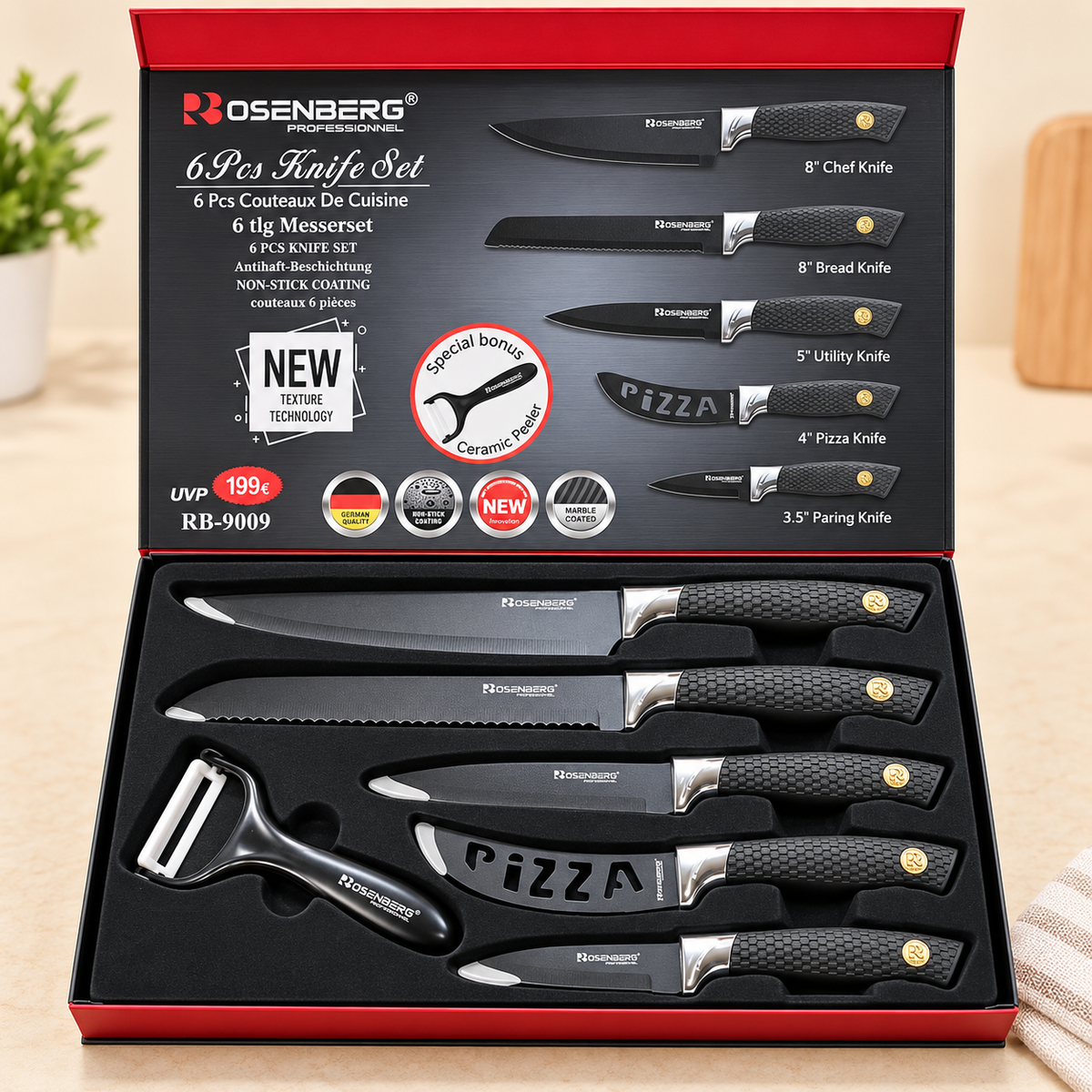 6 PIECE KNIFE SET & CERAMIC PEELER INSIDE - WITH NON-STICK COATING - (Model no:RB-9009) for age 18 years above