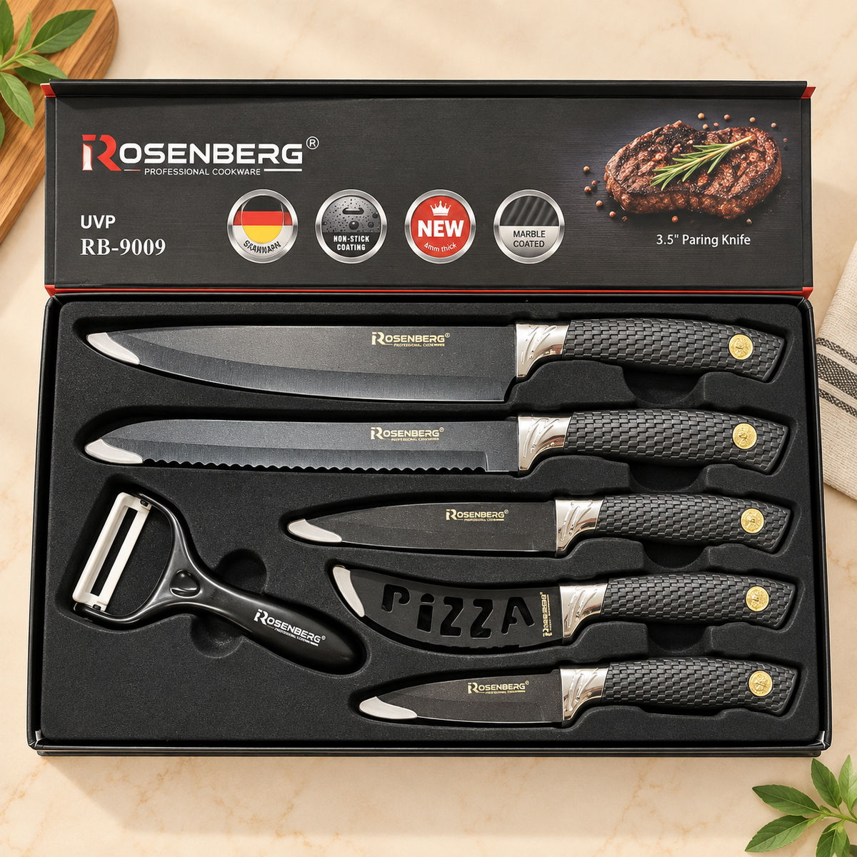 6 PIECE KNIFE SET & CERAMIC PEELER INSIDE - WITH NON-STICK COATING - (Model no:RB-9009) for age 18 years above