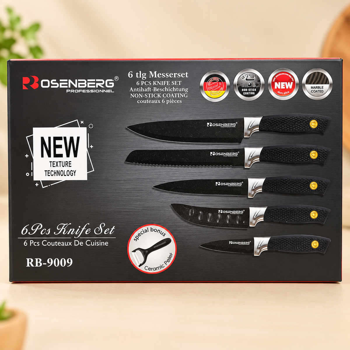 6 PIECE KNIFE SET & CERAMIC PEELER INSIDE - WITH NON-STICK COATING - (Model no:RB-9009) for age 18 years above