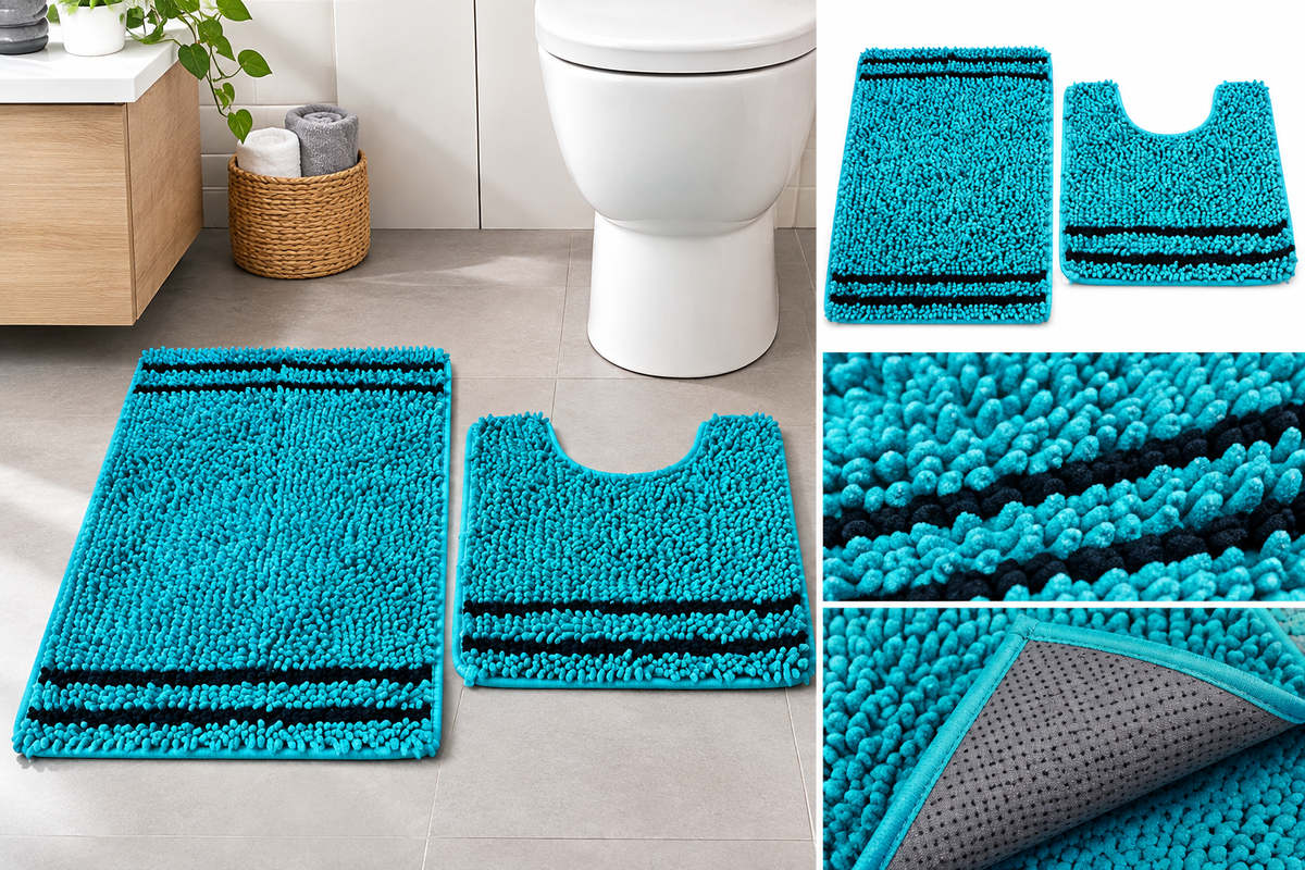 Luxury 2-Piece Turquoise Chenille Bath Mat & U-Shaped Pedestal Mat Set