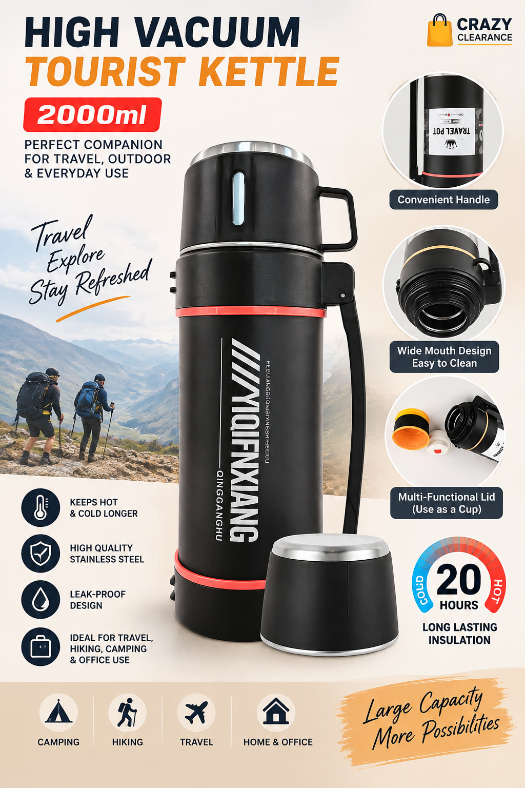 HIGH VACUUM TOURIST KETTLE - 2000ml - Black, Classy & Sleek Edition
