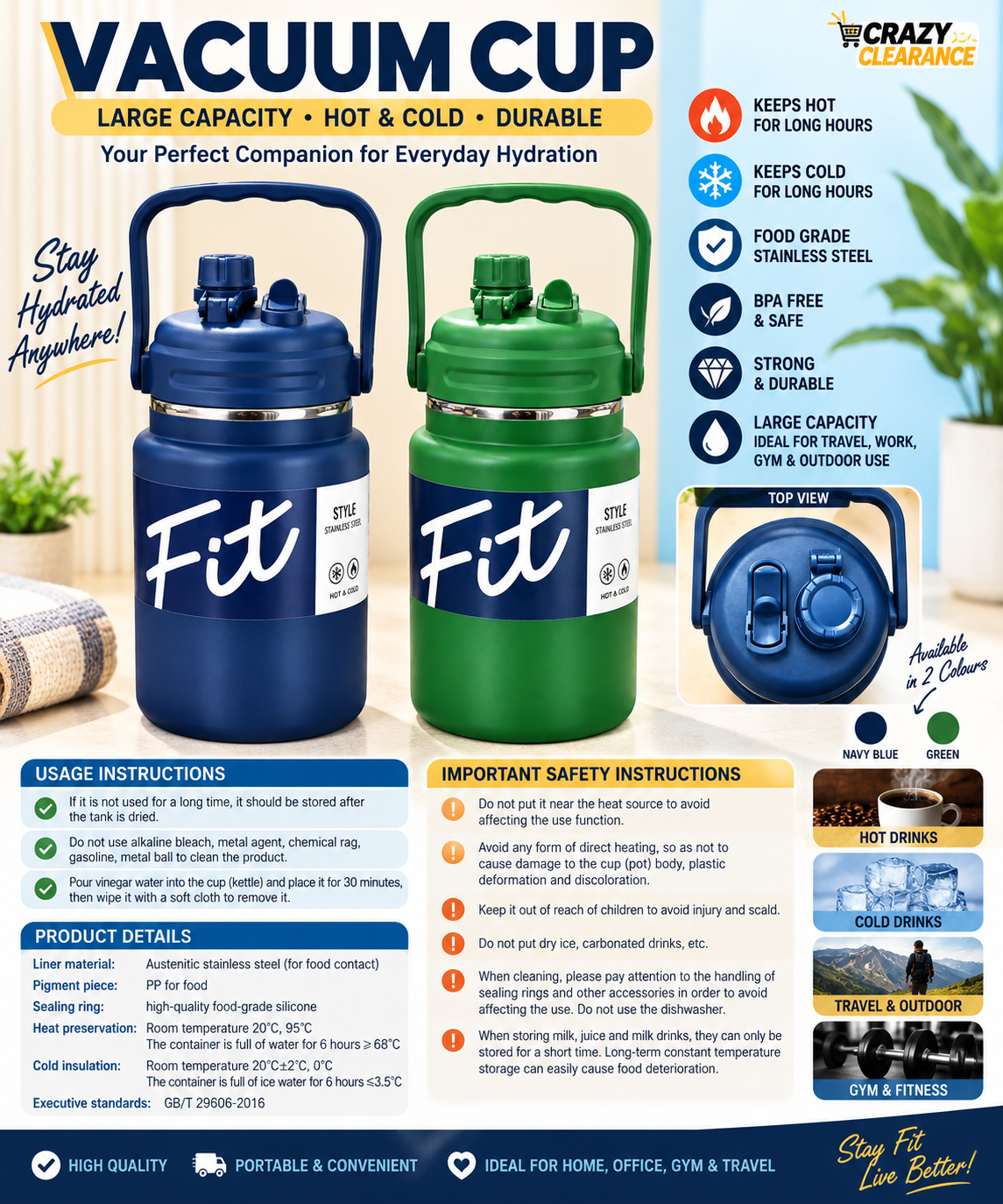 2000ML FIT INSULATED THERMAL FLASK - IN ASSORTED COLORS & TRAVEL FRIENDLY