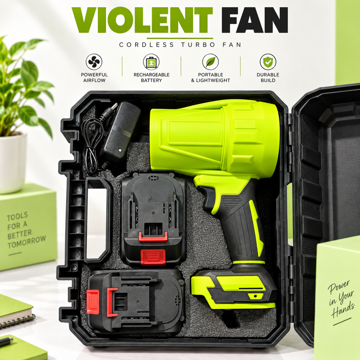 VIOLENT FAN - CORDLESS BLOWER - 3000mAh BATTERY POWER & 2.5 Hour CHARGING TIME