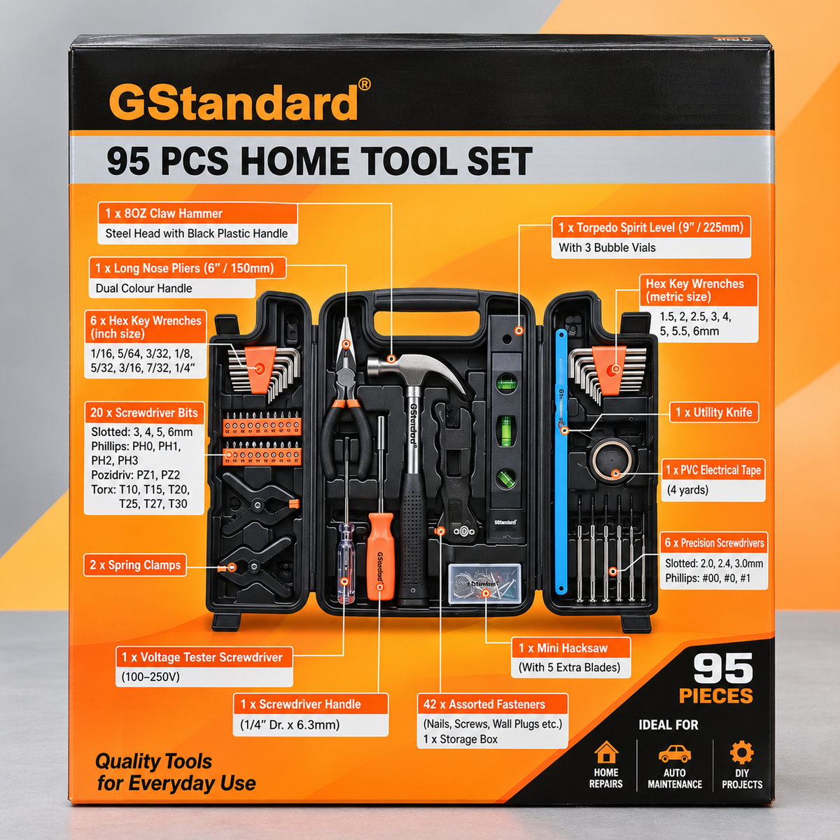 95 PIECES HOME TOOL SET - COMPLETE DIY & HOUSEHOLD REPAIR KIT by GSTANDARD