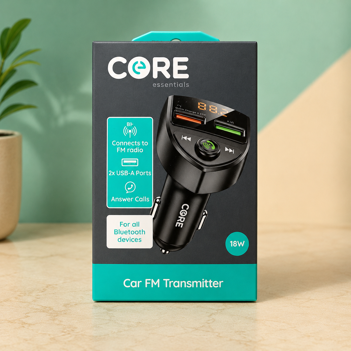 CAR FM TRANSMITTER - CONNECTS TO FM RADIO & ASNWER CALLS - 18W & 2X USB A-PORTS