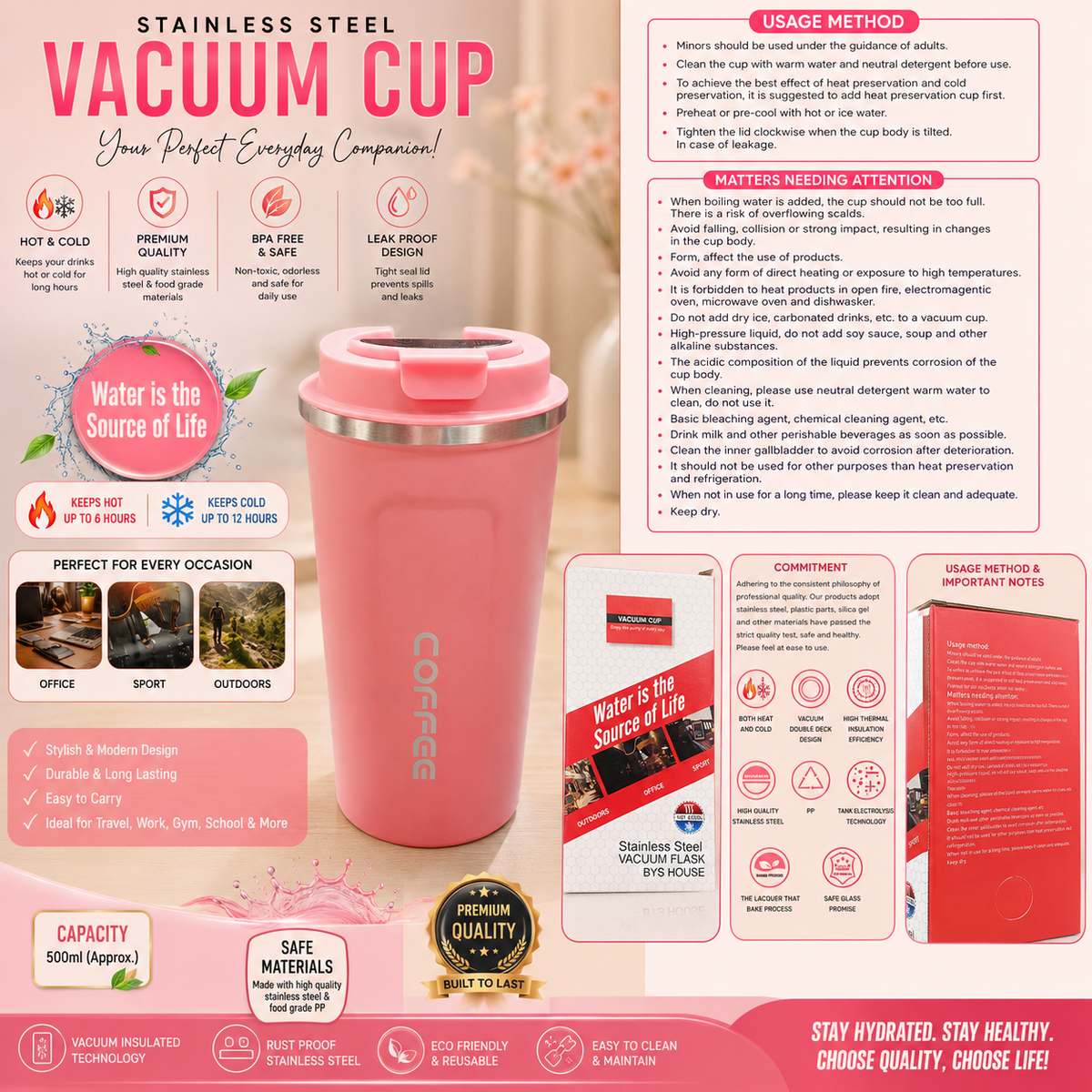 VACUUM MUG - MADE UP OF STAINLESS STEEL FOR EVERYDAY USE & TRAVELLING - 500ML in RANDOM COLORS