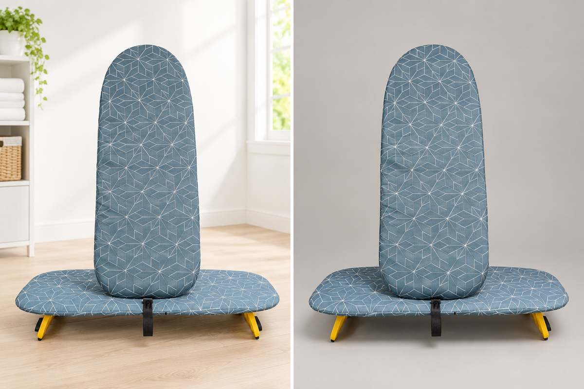Blue Geometric Padded Tabletop Ironing Board with Yellow Legs