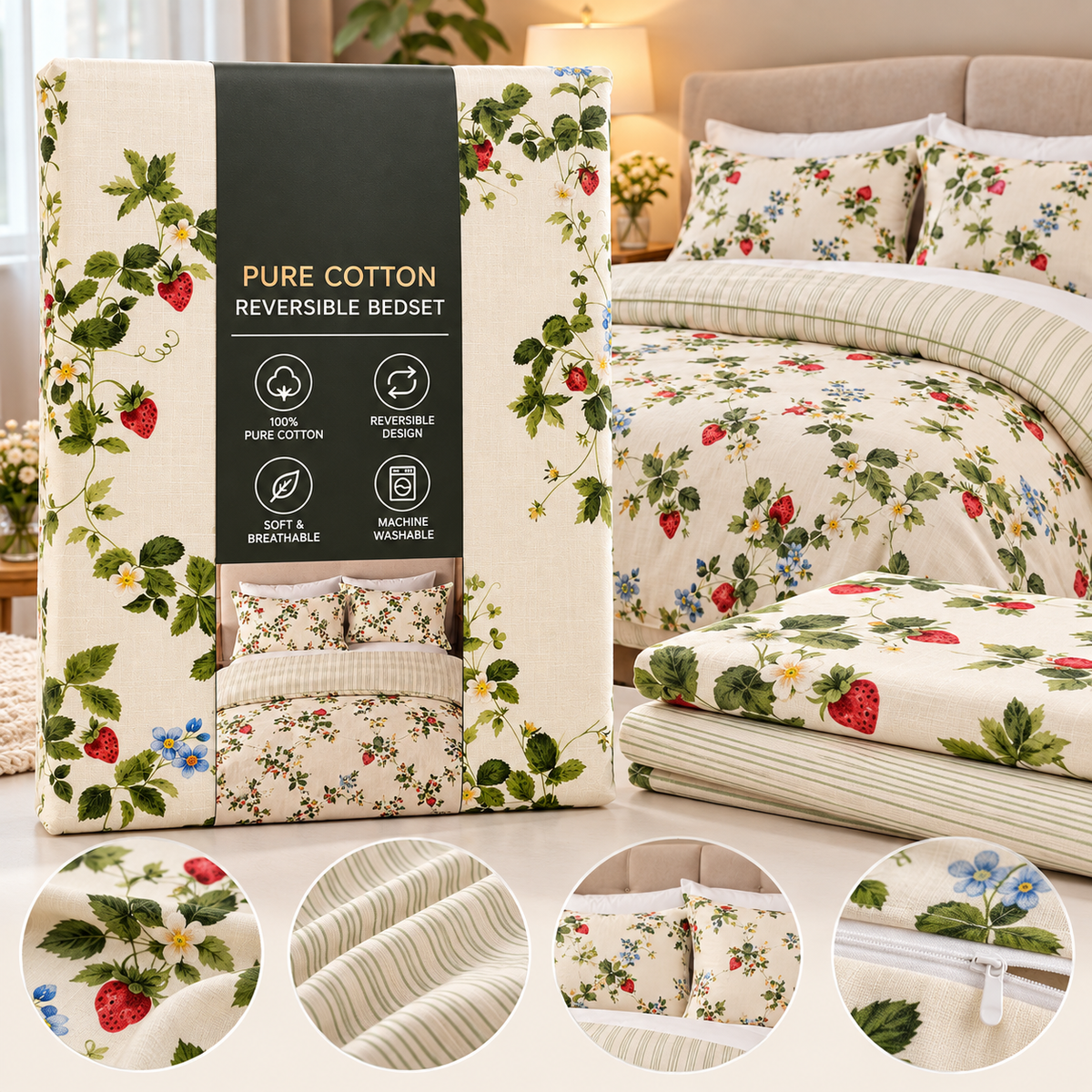 🌿 High Street Brand – Pure Cotton Reversible Bedset – Double – Floral Strawberry Design – Duvet Cover & 2 Pillowcases