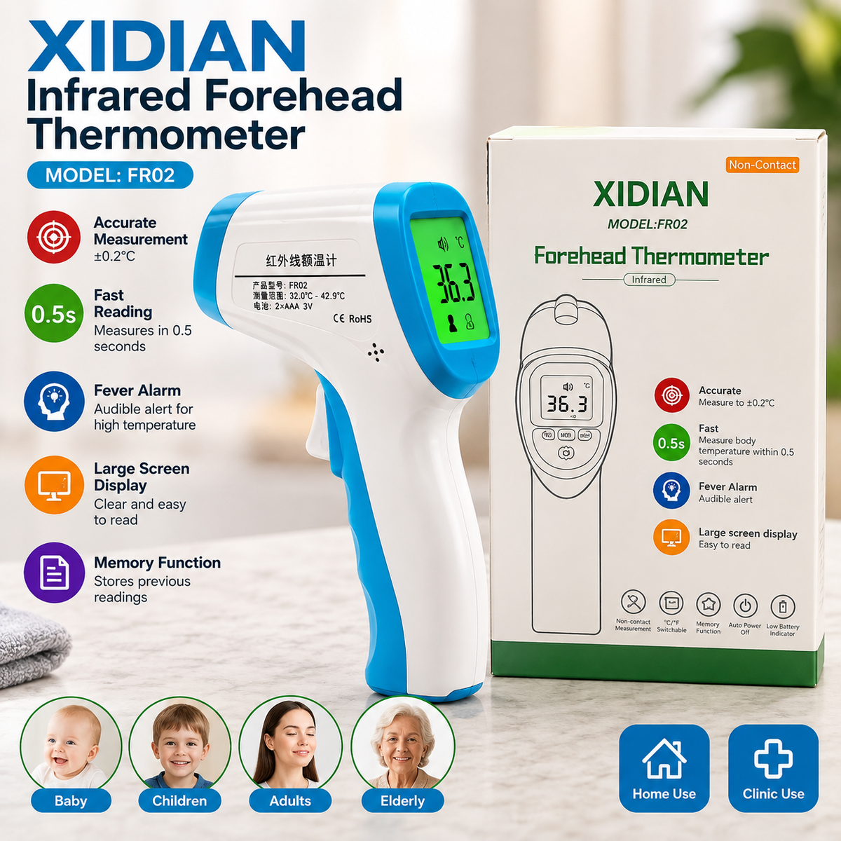XIDIAN FR02 Non-Contact Infrared Forehead Thermometer – Fast & Accurate Digital Temperature Monitor