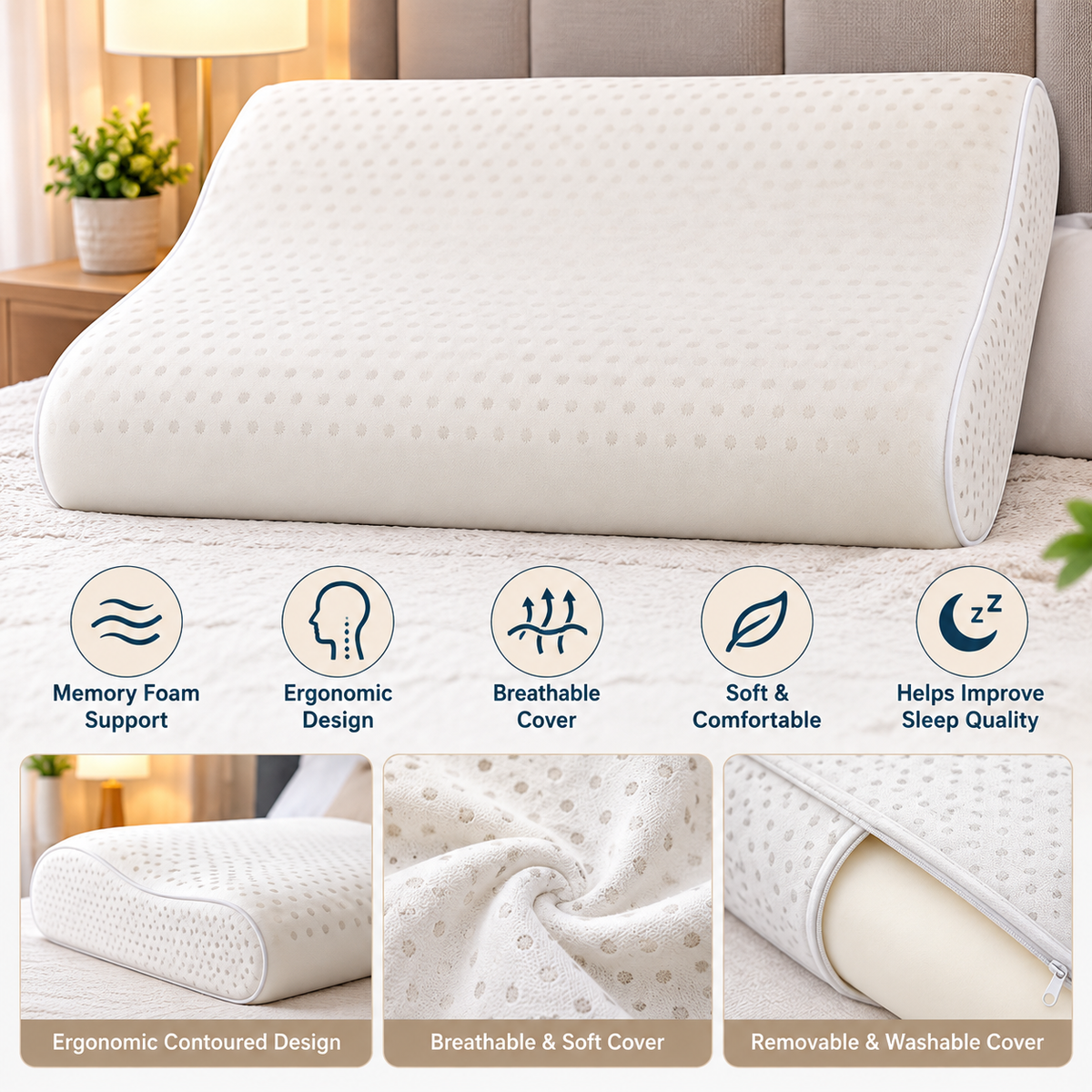 Ergonomic Contoured Memory Foam Pillow – Breathable Cover – Supportive & Comfortable