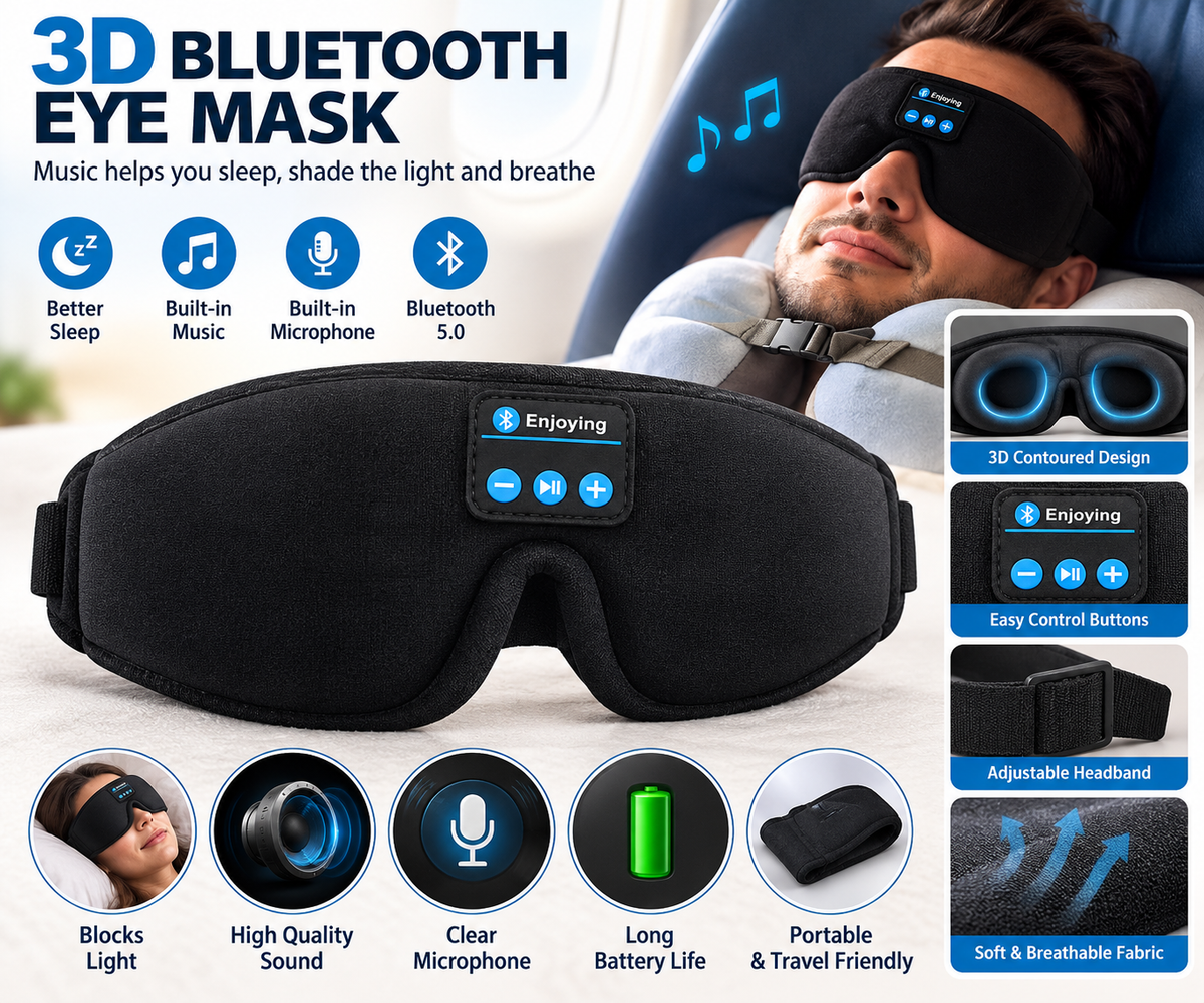 3D Bluetooth Sleep Eye Mask – Wireless Music, Built-In Microphone & Light Blocking