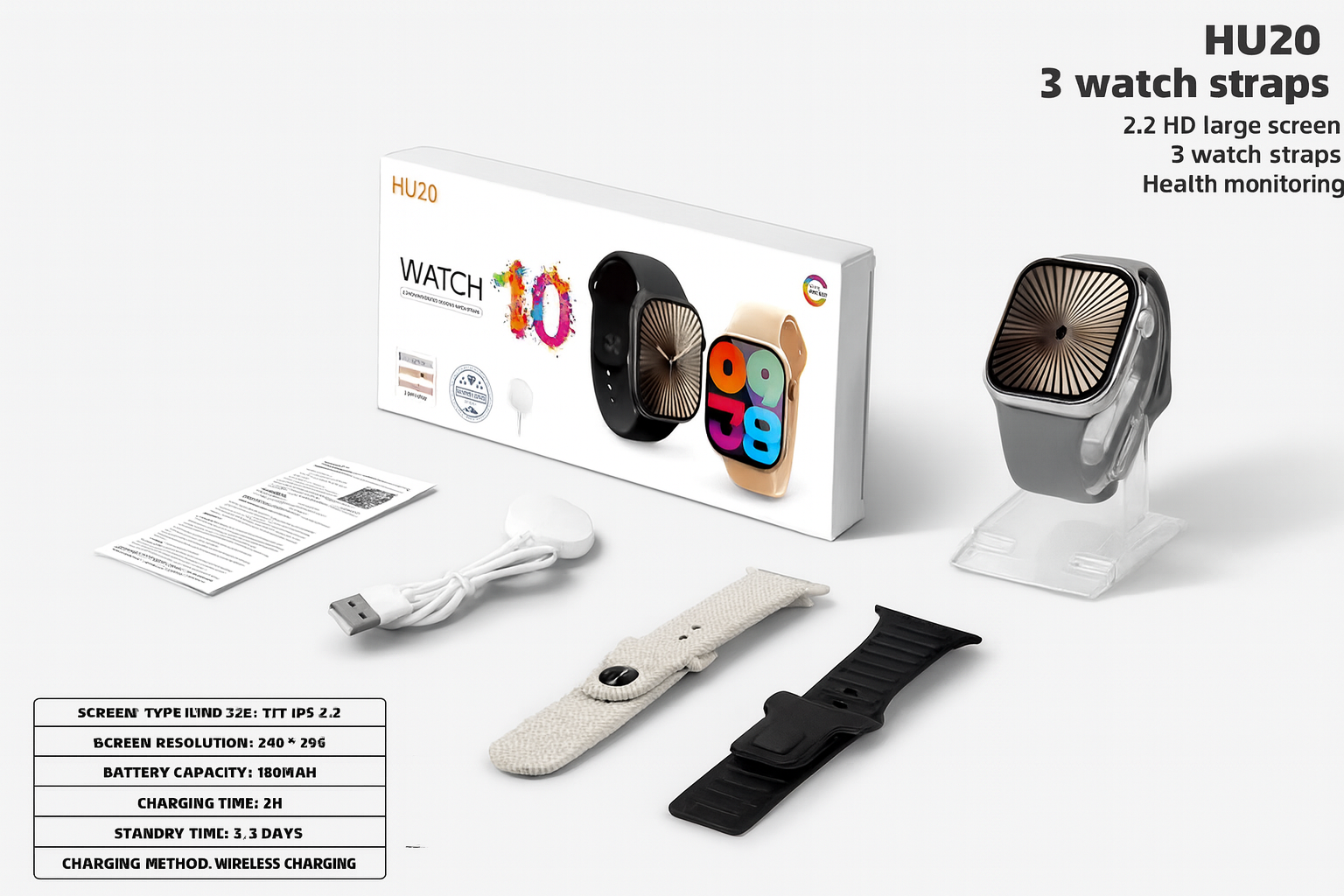 HU20 Smartwatch – 2.2” HD Large Screen with 3 Straps & Health Monitoring