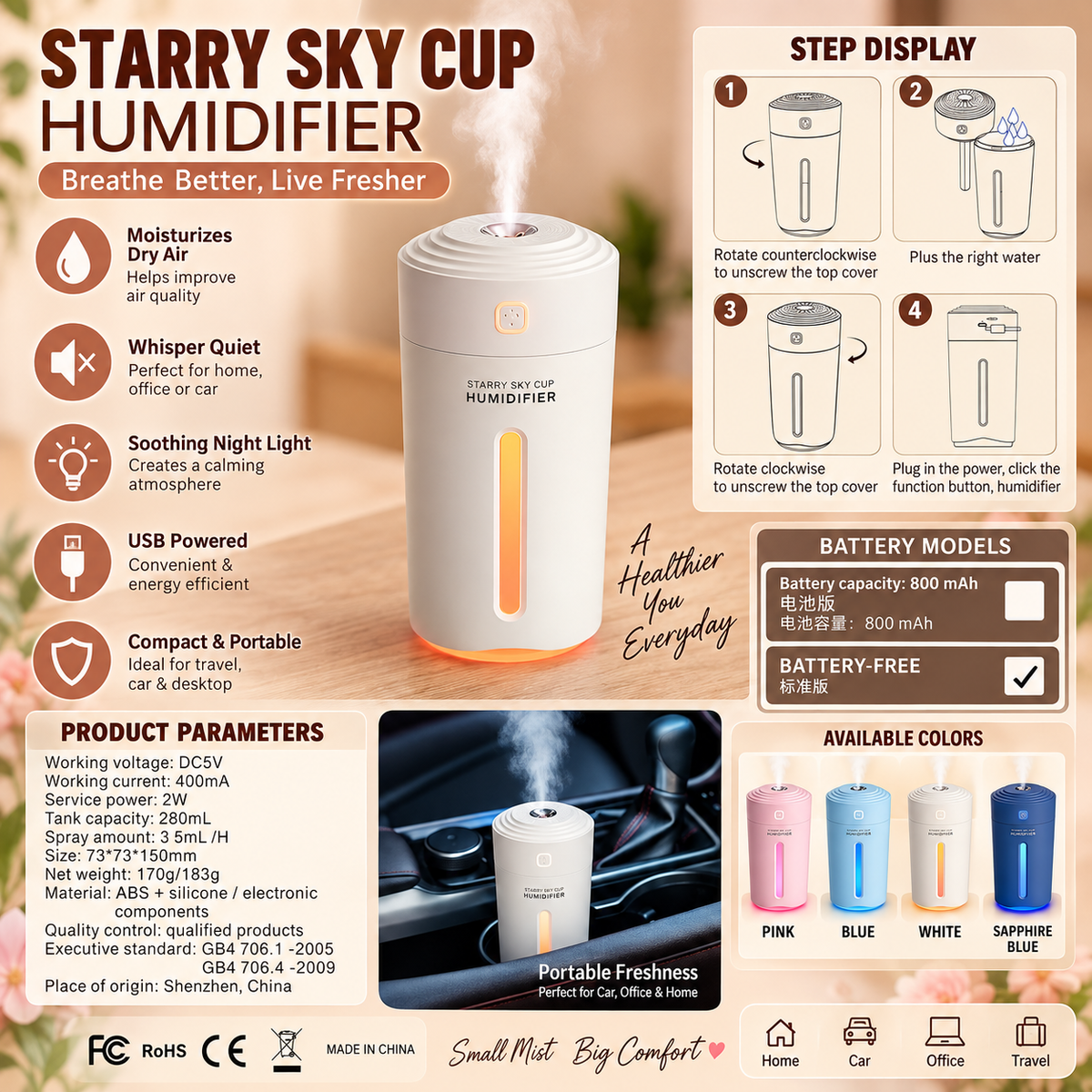 STARRY SKY CUP DIFFUSER - MOISTURIZES DRY AIR & PORTABLE