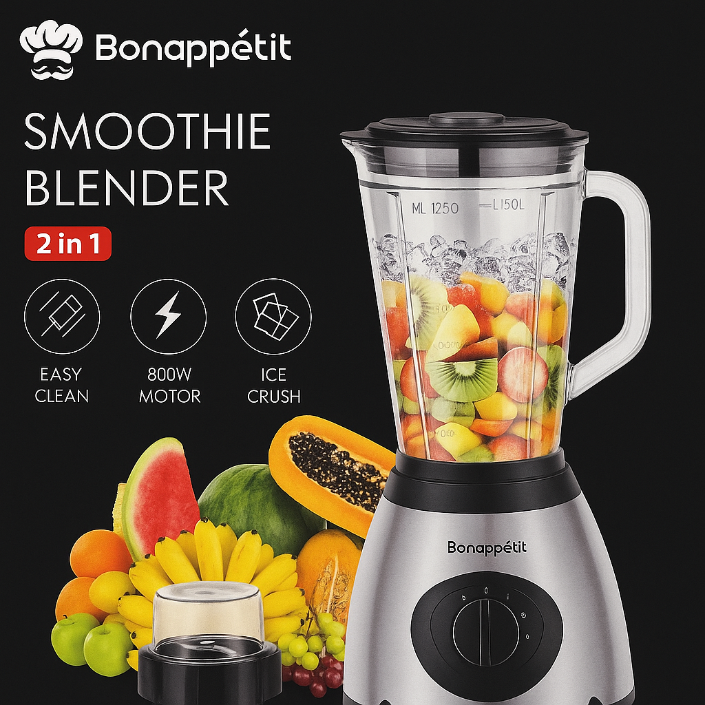 Bonappétit 2-in-1 Smoothie Blender – 800W, 1.5L Jar, Ice Crush Function