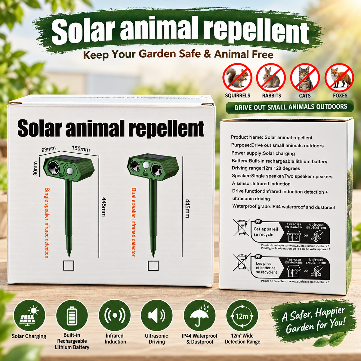 SOLAR ANIMAL REPELLENT - DRIVING RANGE UPTO 12m & 120 DEGREES - IP44 WATERPROOF & DUSTPROOF