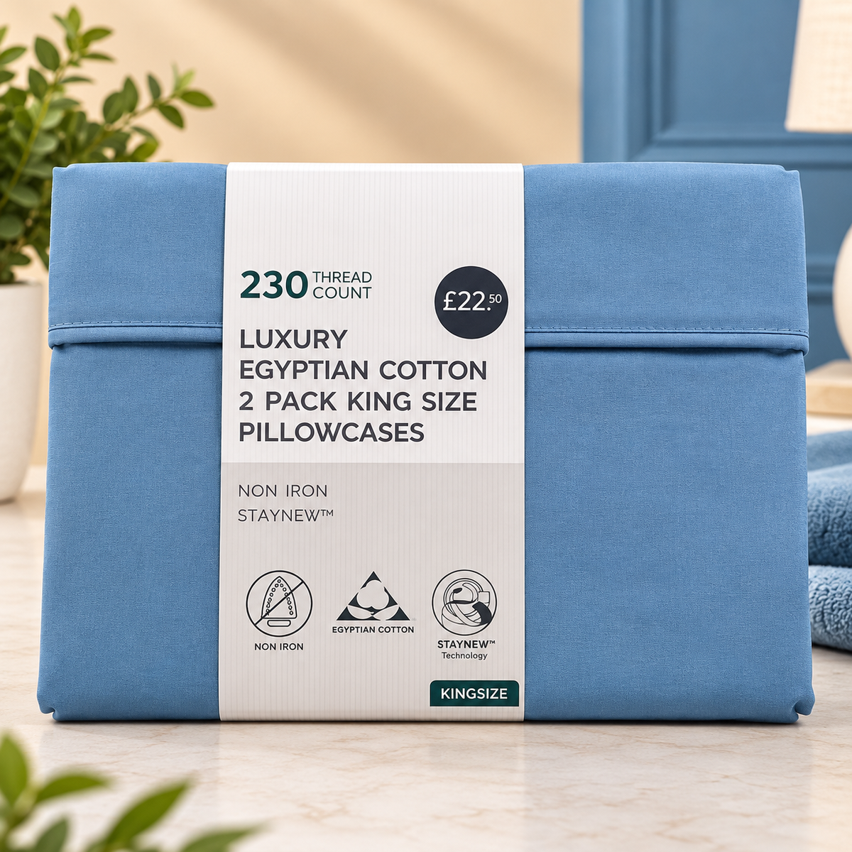HIGH ST BRAND - 2 PACK KING SIZE PILLOW CASES - LUXURY EGYPTIAN COTTON - 230 THREAD COUNT - (92cm*52cm)