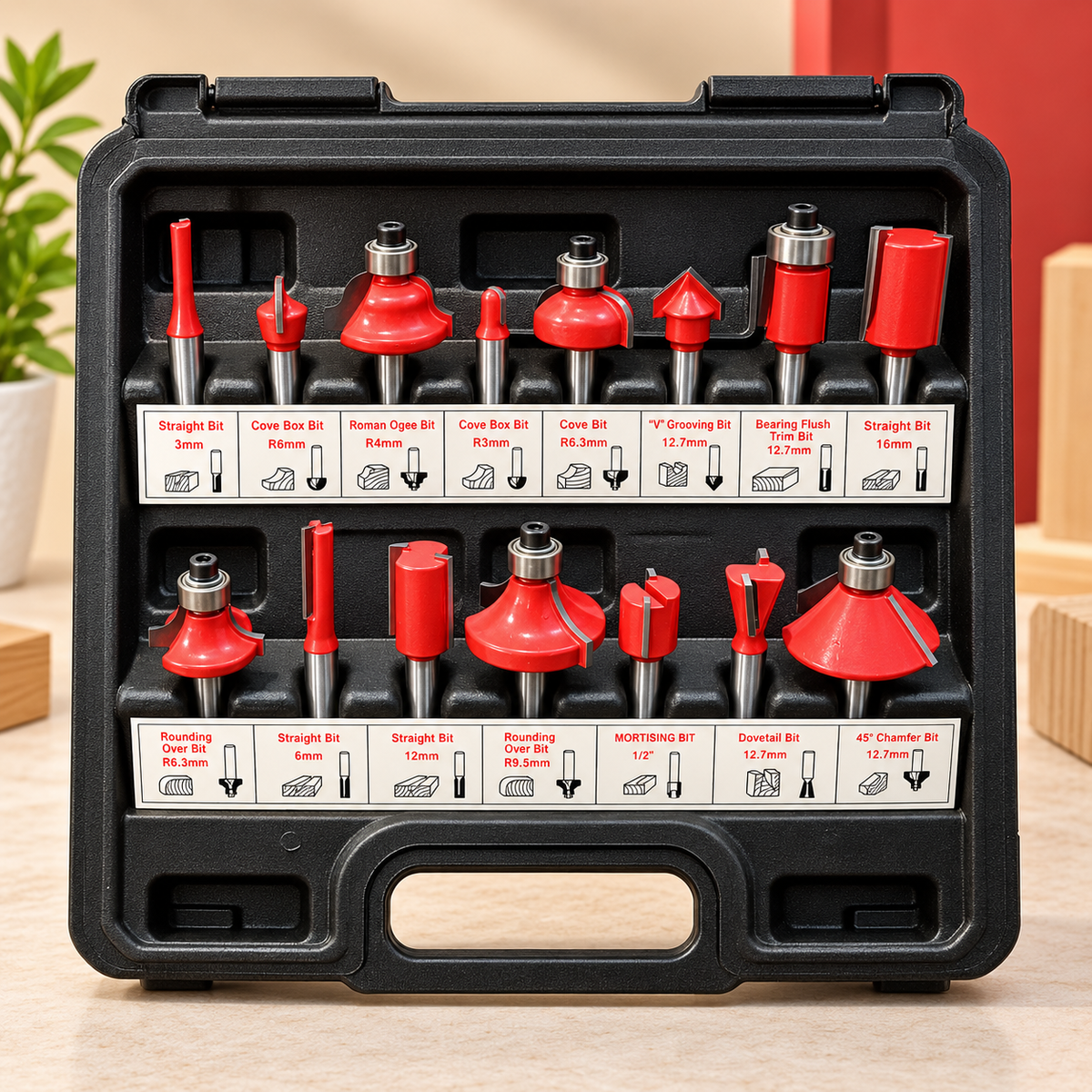 WOOD MILLING CUTTER - 15 PIECE ROUTER BIT SET INCLUDING MULTIPLE TOOLS INSIDE