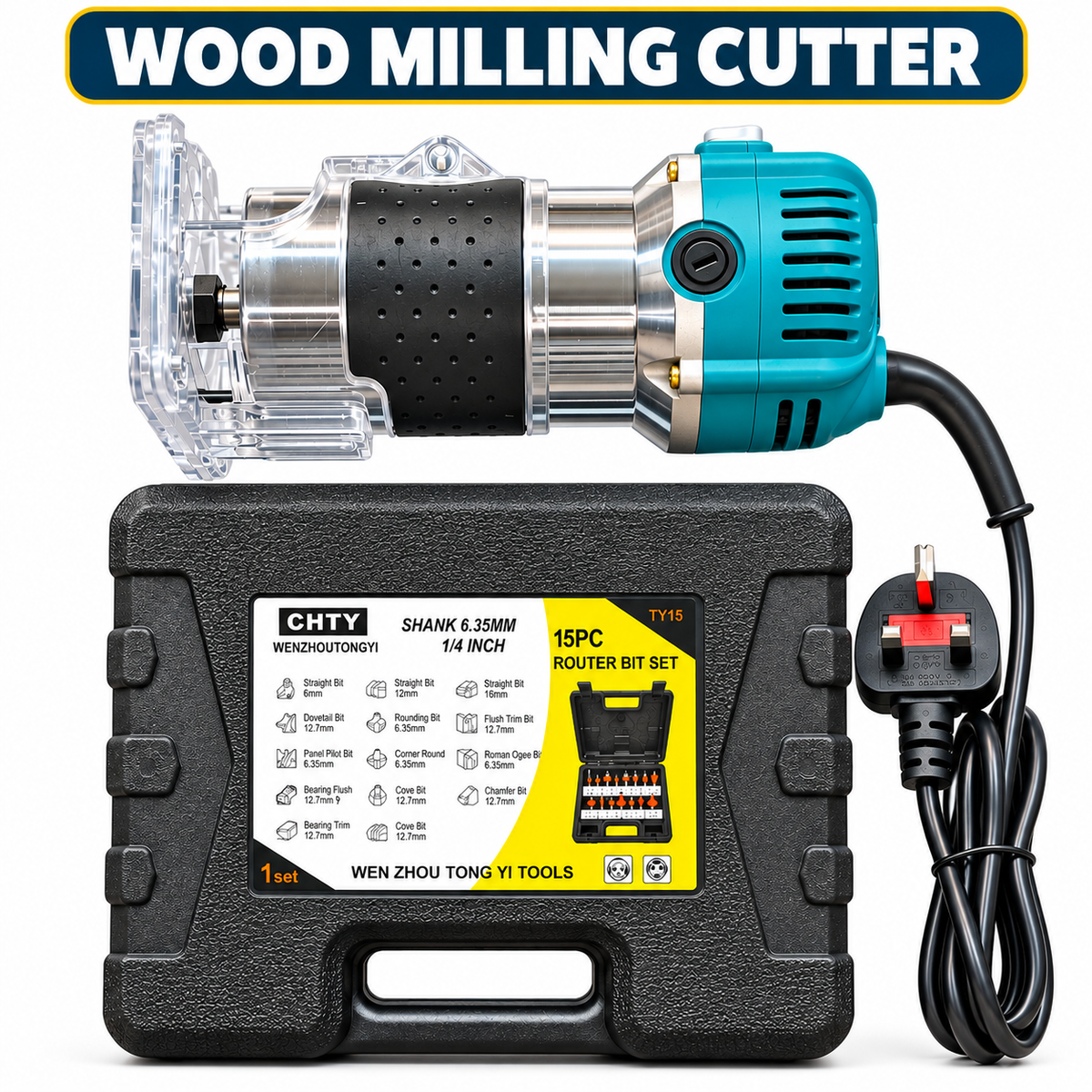 WOOD MILLING CUTTER - 15 PIECE ROUTER BIT SET INCLUDING MULTIPLE TOOLS INSIDE