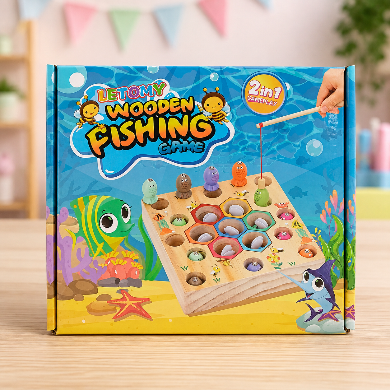 WOODEN FISHING GAME WODDEN TOY- LETOMY ROTATING FISH - 3YEARS+
