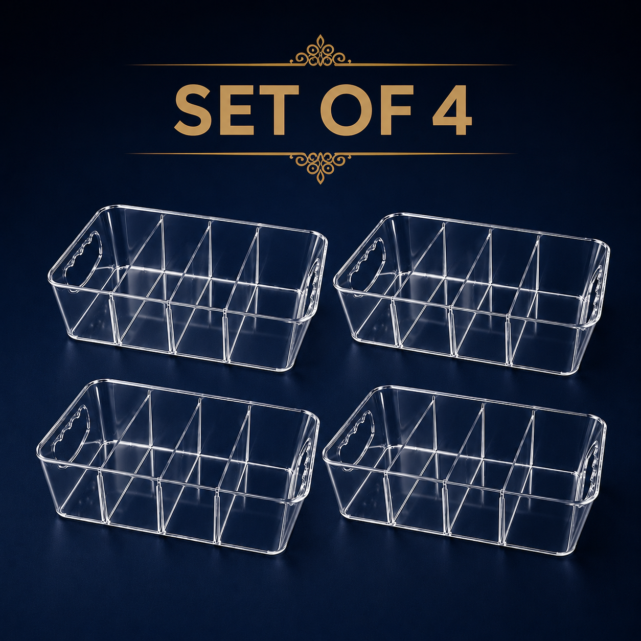 TRANSPARENT STORAGE BOXES - SET OF 4/PACK - REMOVABLE DIVIDERS WITH CONVENIENT SIDE HANDLES