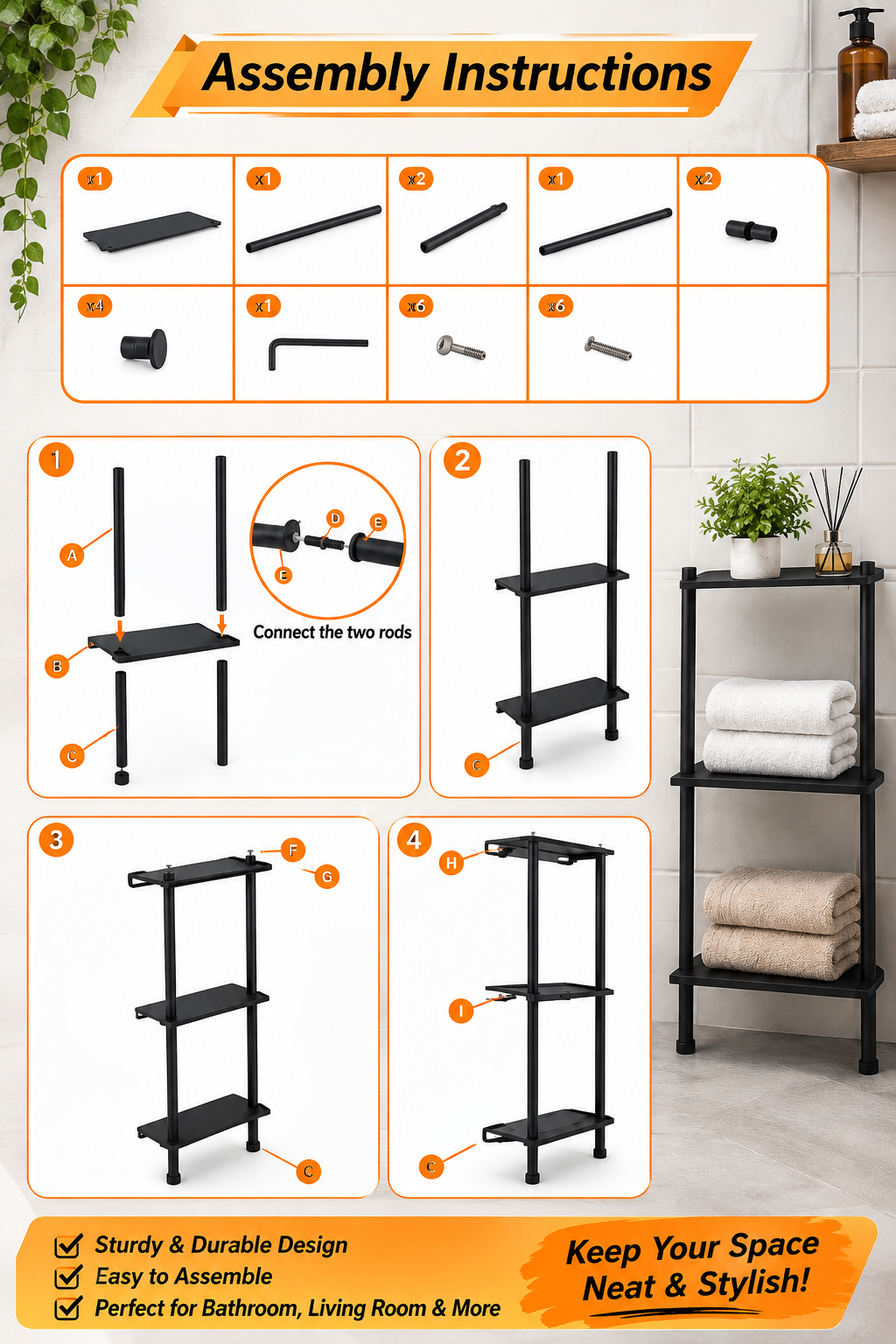 3 TIER TOWEL STORAGE RACK - MODERN & MINIMALIST STYLE - BLACK MATTE