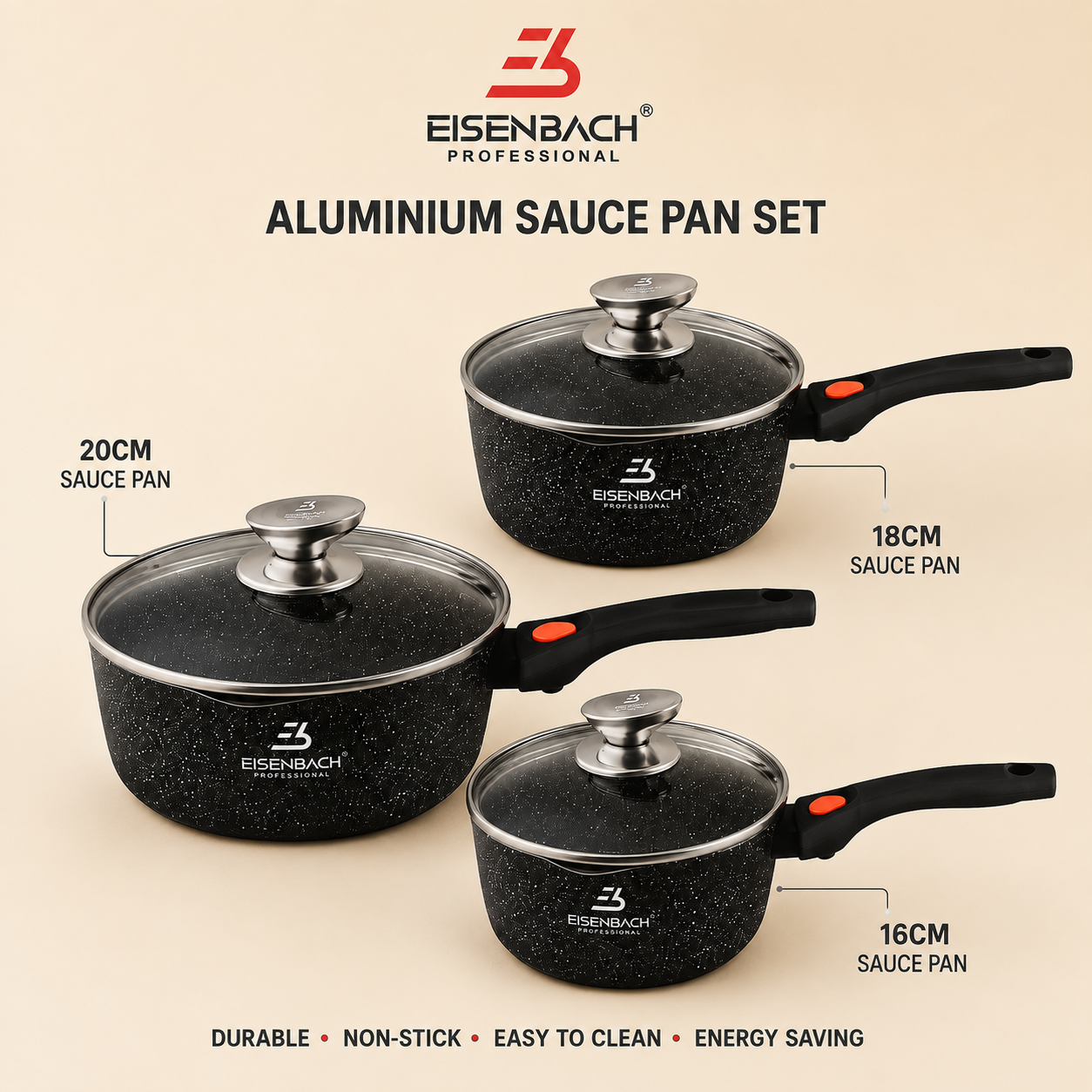 ALUMINIUM SAUCE PAN SET - SET OF 3 IN DIFFERENT SIZES WITH DETACHABLE HANDLE - (16cm,18cm & 20cm) by Eisenbach
