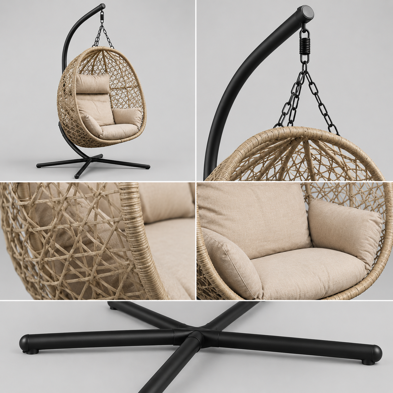 HANGING EGG CHAIR - WEATHER RESISTANT, STRONG STEEL FRAME, STABLE X-BASE & COMFORT CUSHION INCLUDED - MAX 130KG LOAD - Size: 104*106*195cm - Natural Color